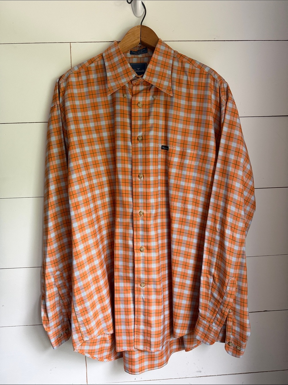 Façonnable Orange, Green & White Plaid Button-Down Shirt Men’s Size XL
